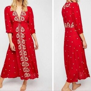 Free People Embroidered Fable Midi Rock N' Roll Red Dress Women's Size Large